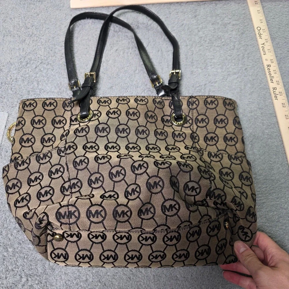 Michael Kors Womens Large Tote Bag Brown Black Monogram Logo Gold Hardware